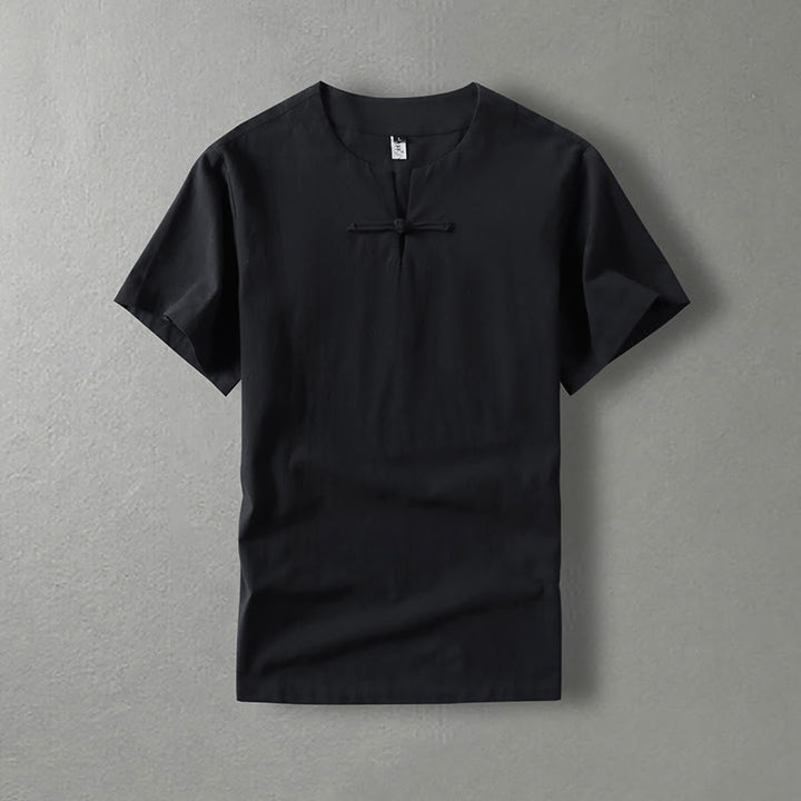 Buddha Stonesカジュアル 無地 半袖 カエルボタン コットンリネン メンズシャツ - 黒 - US/UK/AU54、 EU64 (9XL) - image 2