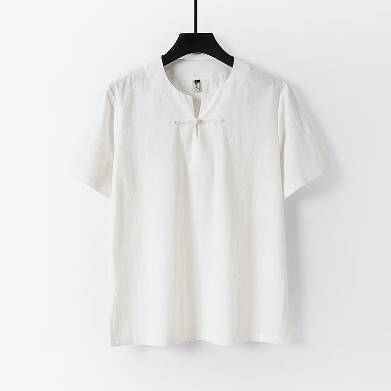 Buddha Stones無地 半袖 カエルボタン コットンリネン メンズシャツ - 白 - US/UK/AU54、 EU64 (9XL) - image 1