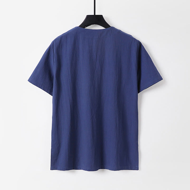 Buddha Stones無地 半袖 カエルボタン コットンリネン メンズシャツ