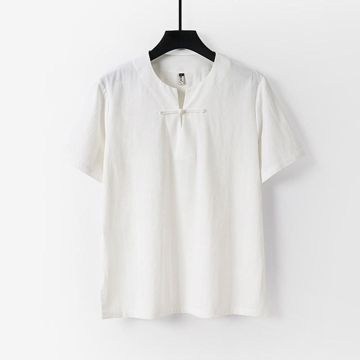 Buddha Stones無地 半袖 カエルボタン コットンリネン メンズシャツ - 白 - US/UK/AU54、 EU64 (9XL) - image 1