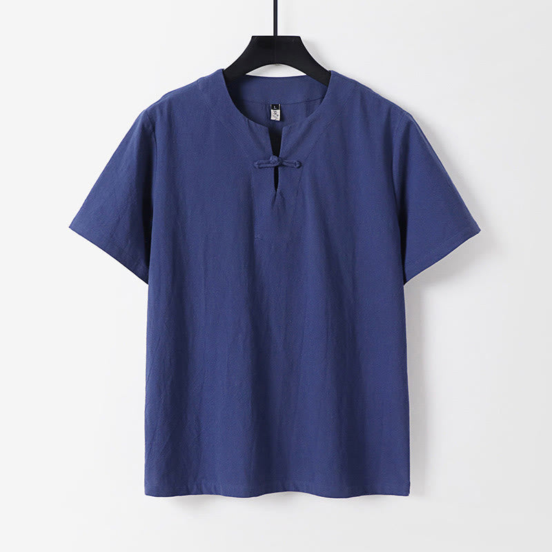 Buddha Stones無地 半袖 カエルボタン コットンリネン メンズシャツ - ダークブルー - US/UK/AU54、 EU64 (9XL) - image 3