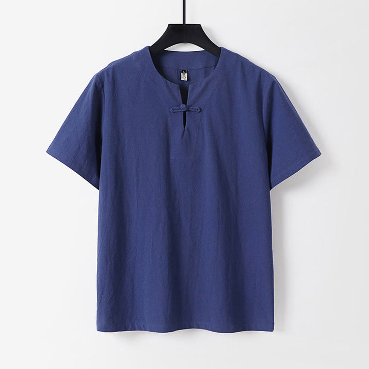 Buddha Stones無地 半袖 カエルボタン コットンリネン メンズシャツ - ダークブルー - US/UK/AU54、 EU64 (9XL) - image 3