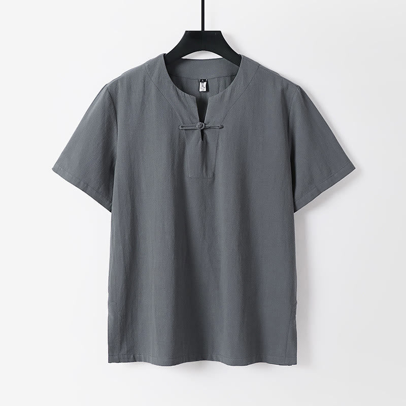 Buddha Stones無地 半袖 カエルボタン コットンリネン メンズシャツ - グレー - US/UK/AU54、 EU64 (9XL) - image 0