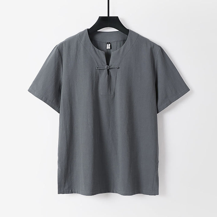 Buddha Stones無地 半袖 カエルボタン コットンリネン メンズシャツ - グレー - US/UK/AU54、 EU64 (9XL) - image 0