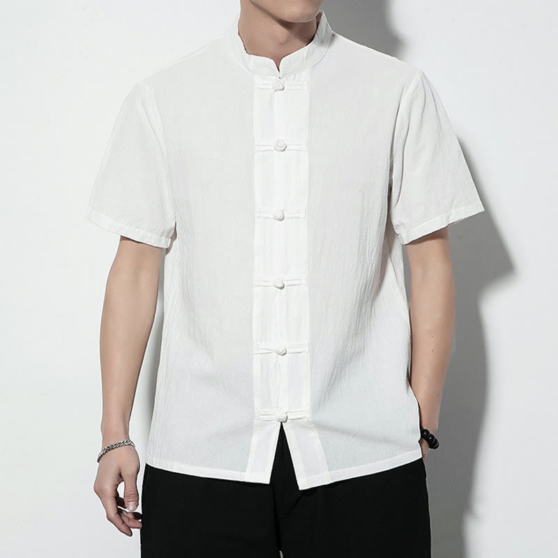 Buddha Stonesカジュアル無地フロントフロッグボタン中国唐装半袖リネンメンズシャツ - image 11