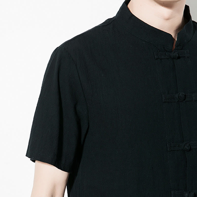 Buddha Stonesカジュアル無地フロントフロッグボタン中国唐装半袖リネンメンズシャツ - image 20