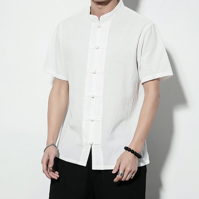 Buddha Stonesカジュアル無地フロントフロッグボタン中国唐装半袖リネンメンズシャツ - image 10