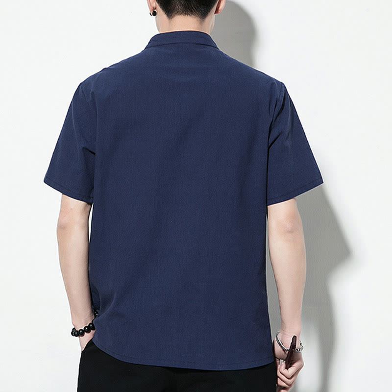 Buddha Stonesカジュアル無地フロントフロッグボタン中国唐装半袖リネンメンズシャツ - image 4