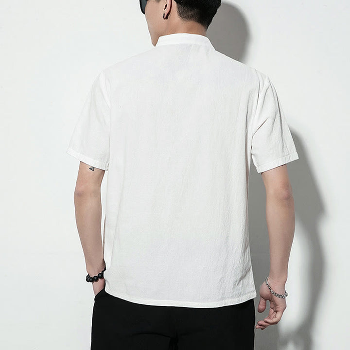 Buddha Stonesカジュアル無地フロントフロッグボタン中国唐装半袖リネンメンズシャツ - image 13