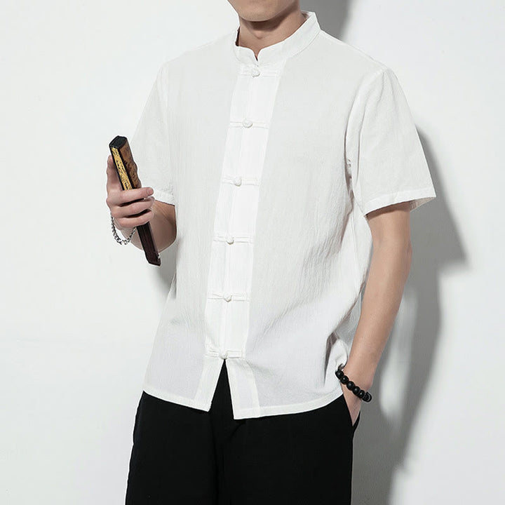 Buddha Stonesカジュアル無地フロントフロッグボタン中国唐装半袖リネンメンズシャツ - image 16