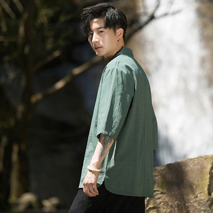 Buddha Stonesカジュアル 無地 2つボタン Vネック 七分袖 コットンリネン メンズシャツ - image 18