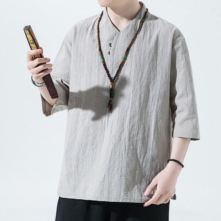 Buddha Stonesカジュアル 無地 2つボタン Vネック 七分袖 コットンリネン メンズシャツ - image 7