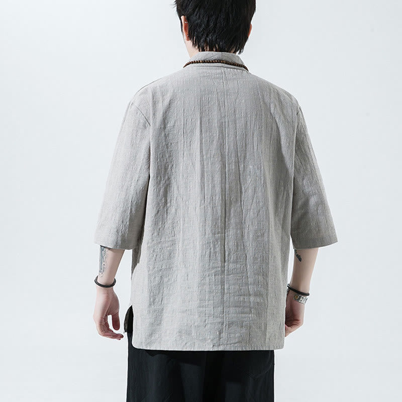 Buddha Stonesカジュアル 無地 2つボタン Vネック 七分袖 コットンリネン メンズシャツ - image 4