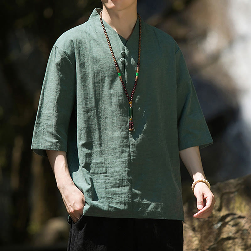 Buddha Stonesカジュアル 無地 2つボタン Vネック 七分袖 コットンリネン メンズシャツ - image 15