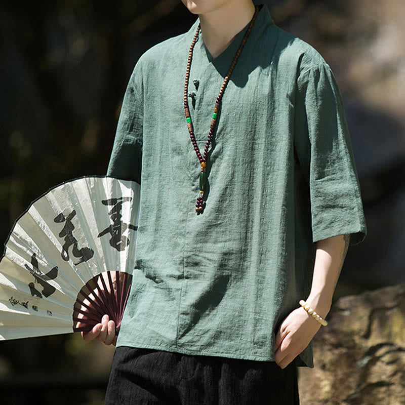 Buddha Stonesカジュアル 無地 2つボタン Vネック 七分袖 コットンリネン メンズシャツ - image 12