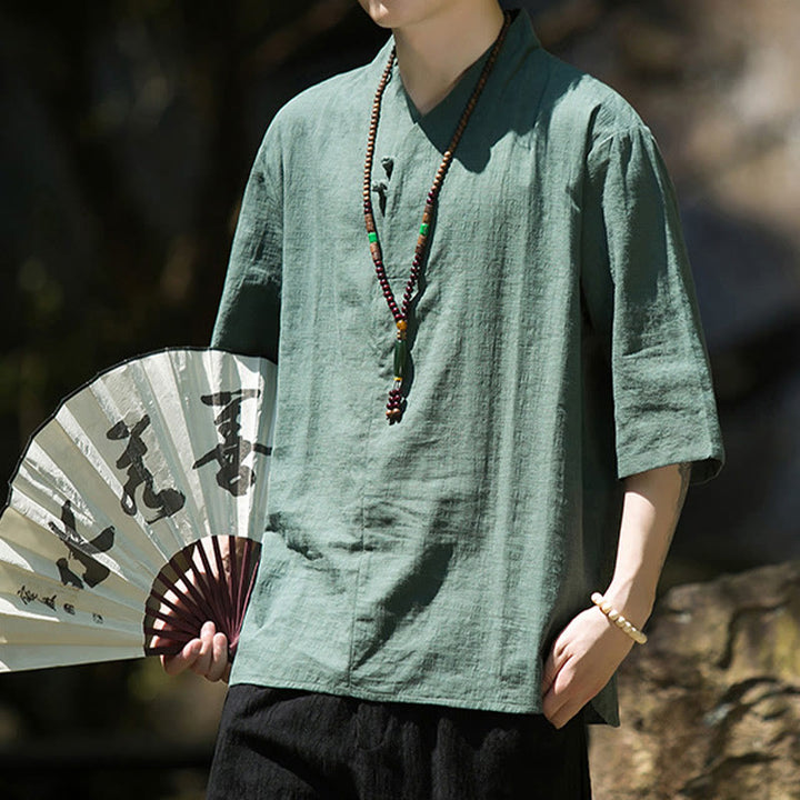 Buddha Stonesカジュアル 無地 2つボタン Vネック 七分袖 コットンリネン メンズシャツ - image 12