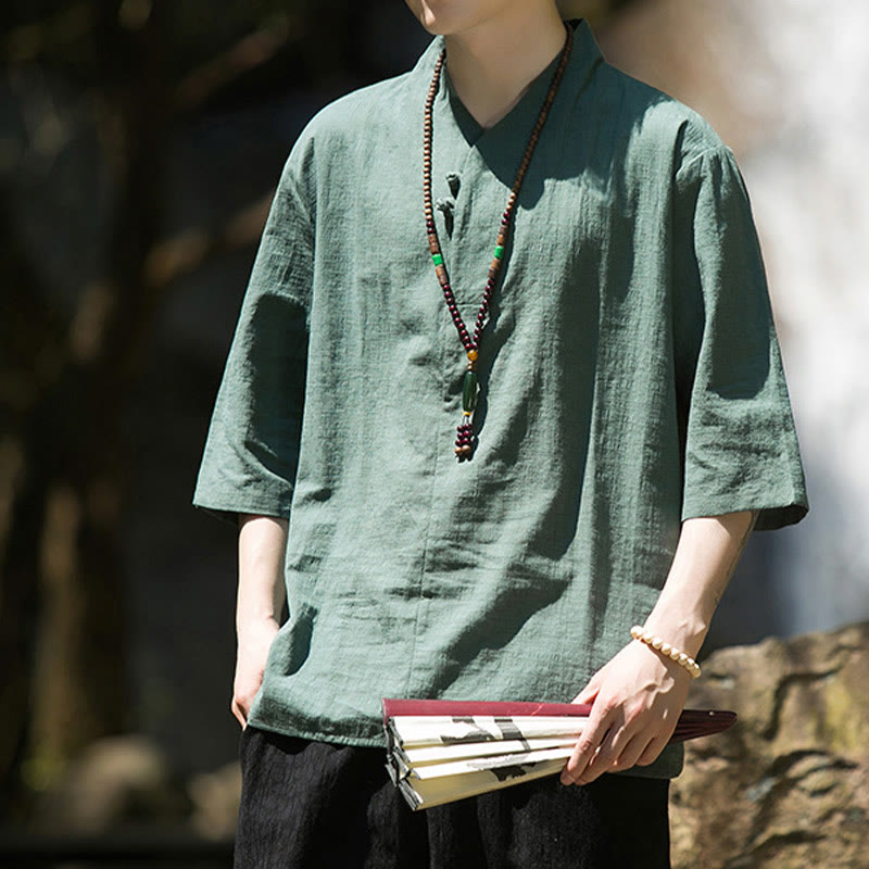 Buddha Stonesカジュアル 無地 2つボタン Vネック 七分袖 コットンリネン メンズシャツ - image 13