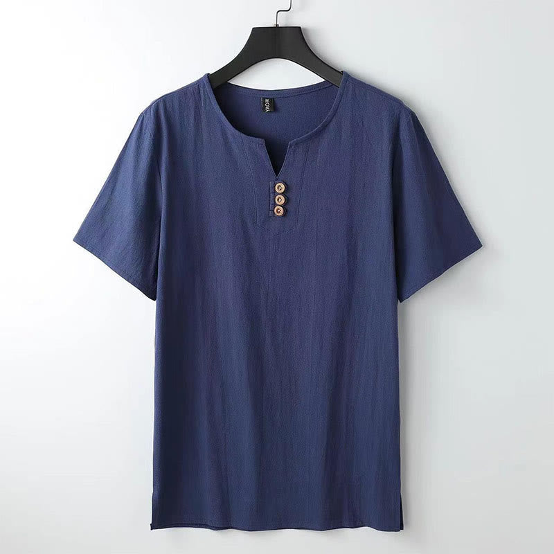 Buddha Stones無地 Vネック 三つボタン 半袖 コットンリネン メンズシャツ - ダークブルー - US/UK/AU44、EU54（5XL） - image 9