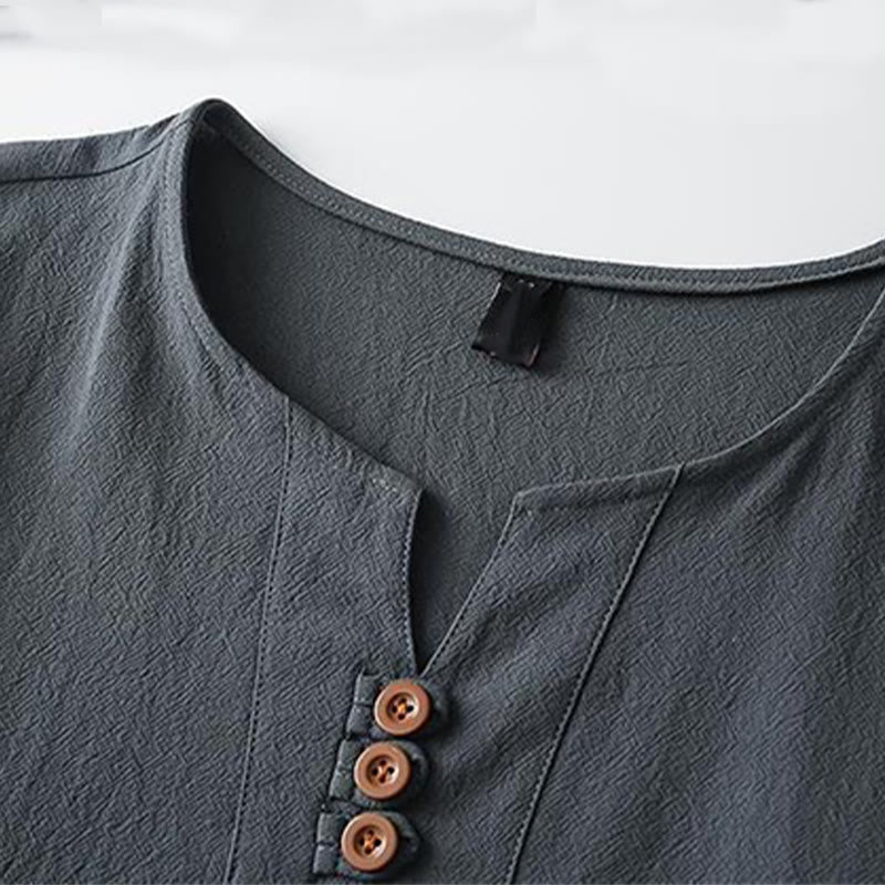 Buddha Stones無地 Vネック 三つボタン 半袖 コットンリネン メンズシャツ - image 5