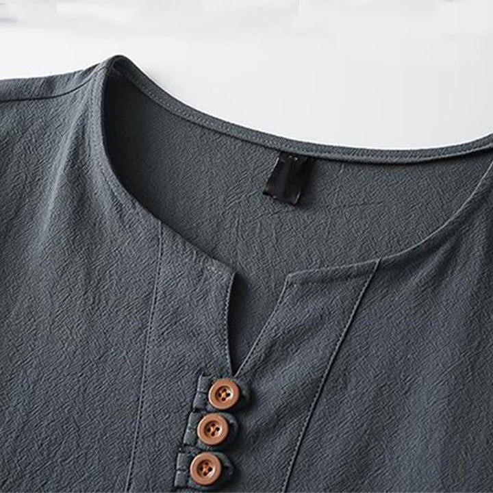 Buddha Stones無地 Vネック 三つボタン 半袖 コットンリネン メンズシャツ - image 5