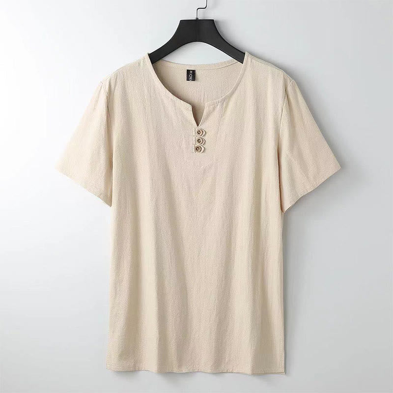 Buddha Stones無地 Vネック 三つボタン 半袖 コットンリネン メンズシャツ - 小麦 - US/UK/AU44、EU54（5XL） - image 1