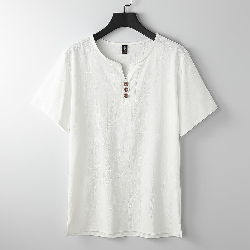 Buddha Stones無地 Vネック 三つボタン 半袖 コットンリネン メンズシャツ - 白 - US/UK/AU44、EU54（5XL） - image 2