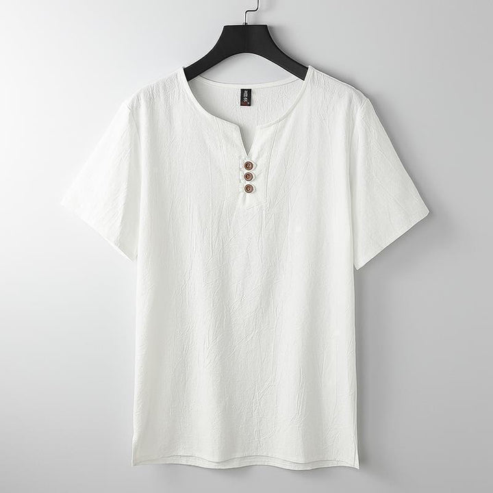 Buddha Stones無地 Vネック 三つボタン 半袖 コットンリネン メンズシャツ - 白 - US/UK/AU44、EU54（5XL） - image 2