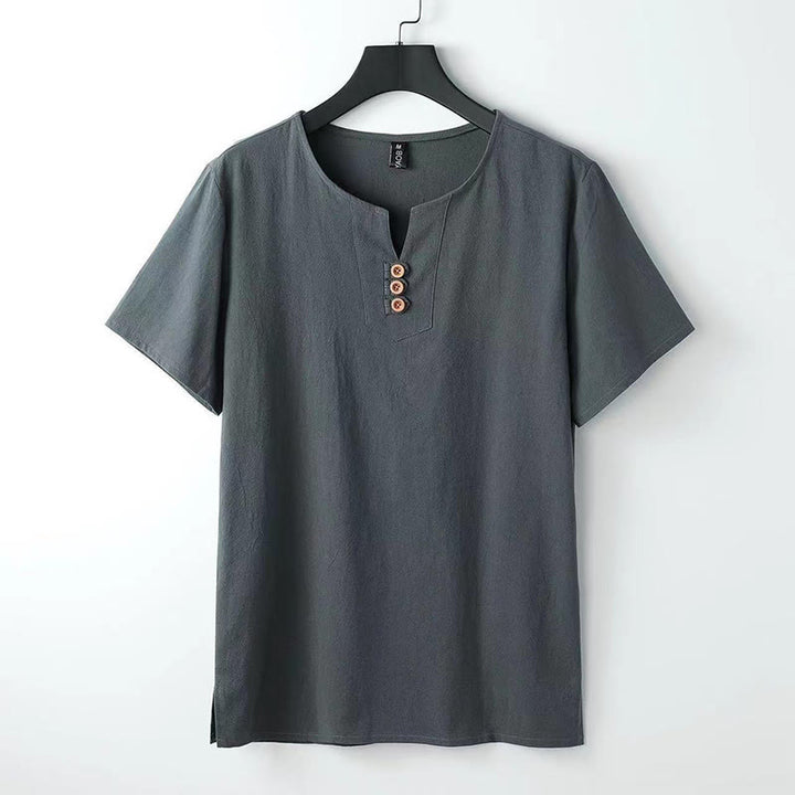 Buddha Stones無地 Vネック 三つボタン 半袖 コットンリネン メンズシャツ - グレー - US/UK/AU44、EU54（5XL） - image 4