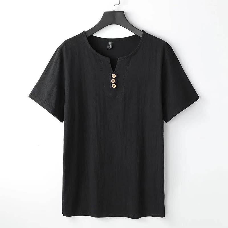 Buddha Stones無地 Vネック 三つボタン 半袖 コットンリネン メンズシャツ - 黒 - US/UK/AU44、EU54（5XL） - image 8
