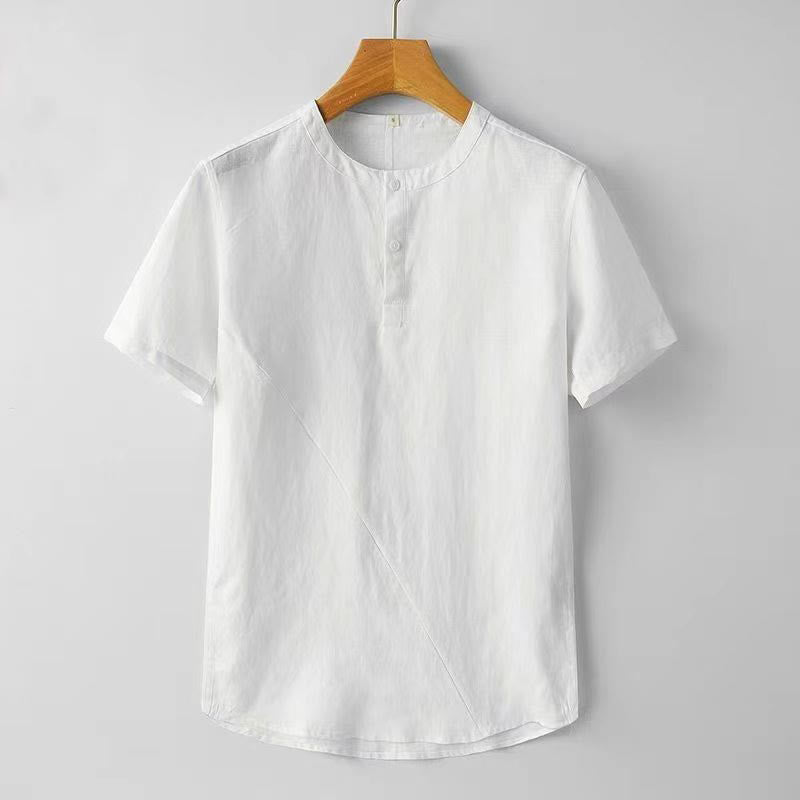 Buddha Stones無地半袖ボタン2つ付きポリエステルリネンメンズシャツ - 白 - US/UK/AU44、 EU54 (4XL) - image 2