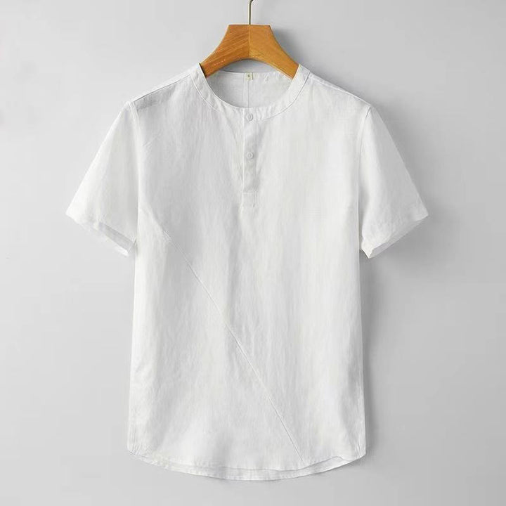 Buddha Stones無地 半袖 2つボタン コットンリネン メンズシャツ - 白 - US/UK/AU44、 EU54 (4XL) - image 2