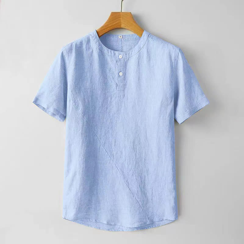 Buddha Stones無地 半袖 2つボタン コットンリネン メンズシャツ - ライトスカイブルー - US/UK/AU44、 EU54 (4XL) - image 7