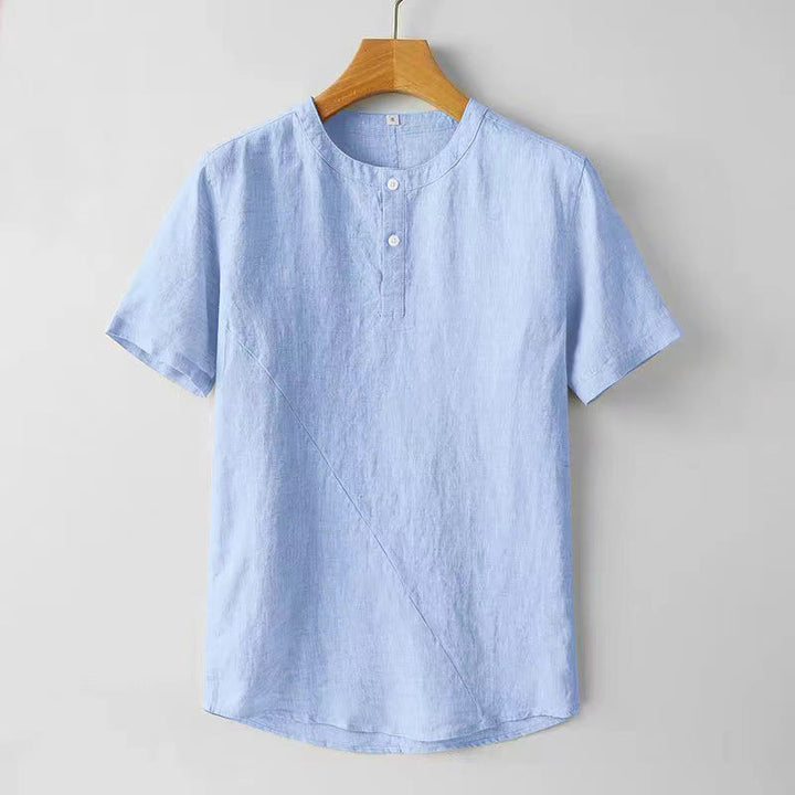 Buddha Stones無地 半袖 2つボタン コットンリネン メンズシャツ - ライトスカイブルー - US/UK/AU44、 EU54 (4XL) - image 7