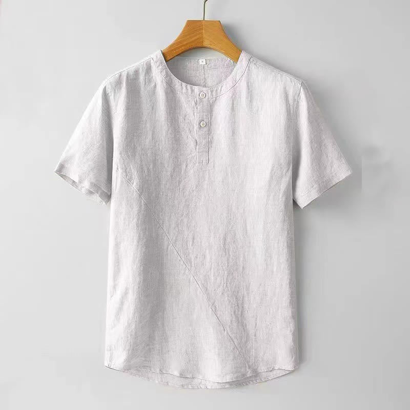 Buddha Stones無地 半袖 2つボタン コットンリネン メンズシャツ - ホワイトスモーク - US/UK/AU44、 EU54 (4XL) - image 3