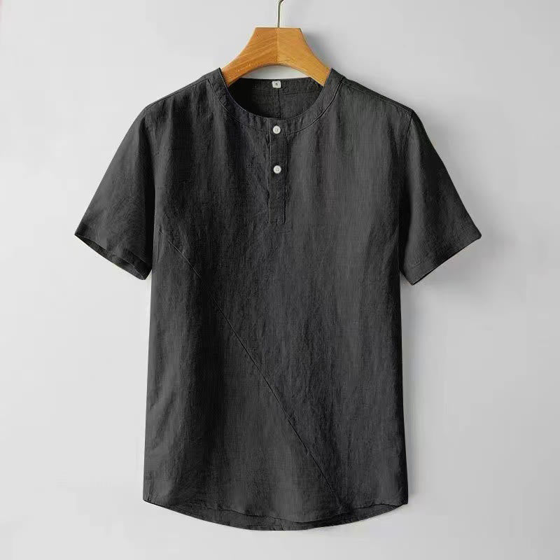 Buddha Stones無地 半袖 2つボタン コットンリネン メンズシャツ - 黒 - US/UK/AU44、 EU54 (4XL) - image 4