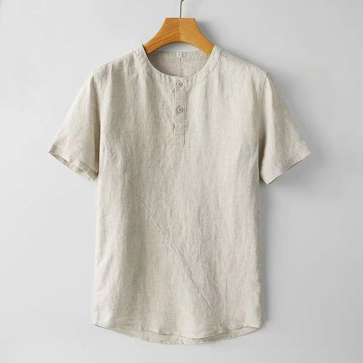 Buddha Stones無地 半袖 2つボタン コットンリネン メンズシャツ - ベージュ - US/UK/AU44、 EU54 (4XL) - image 6