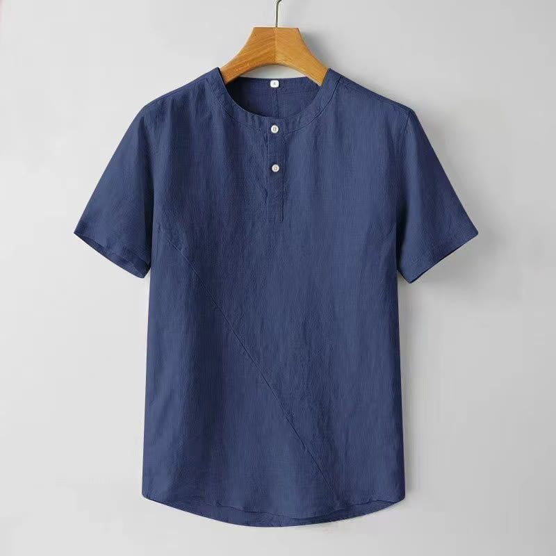 Buddha Stones無地 半袖 2つボタン コットンリネン メンズシャツ - ダークブルー - US/UK/AU44、 EU54 (4XL) - image 0