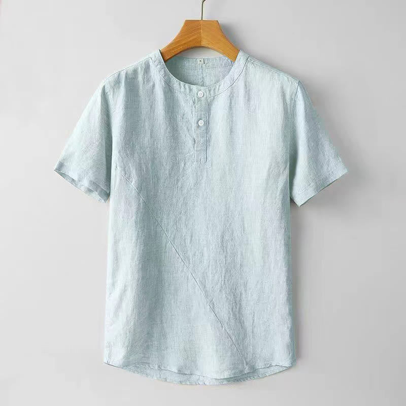 Buddha Stones無地 半袖 2つボタン コットンリネン メンズシャツ - パウダーブルー - US/UK/AU44、 EU54 (4XL) - image 8