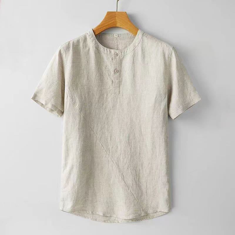 Buddha Stones無地半袖ボタン2つ付きポリエステルリネンメンズシャツ - ベージュ - US/UK/AU44、 EU54 (4XL) - image 6