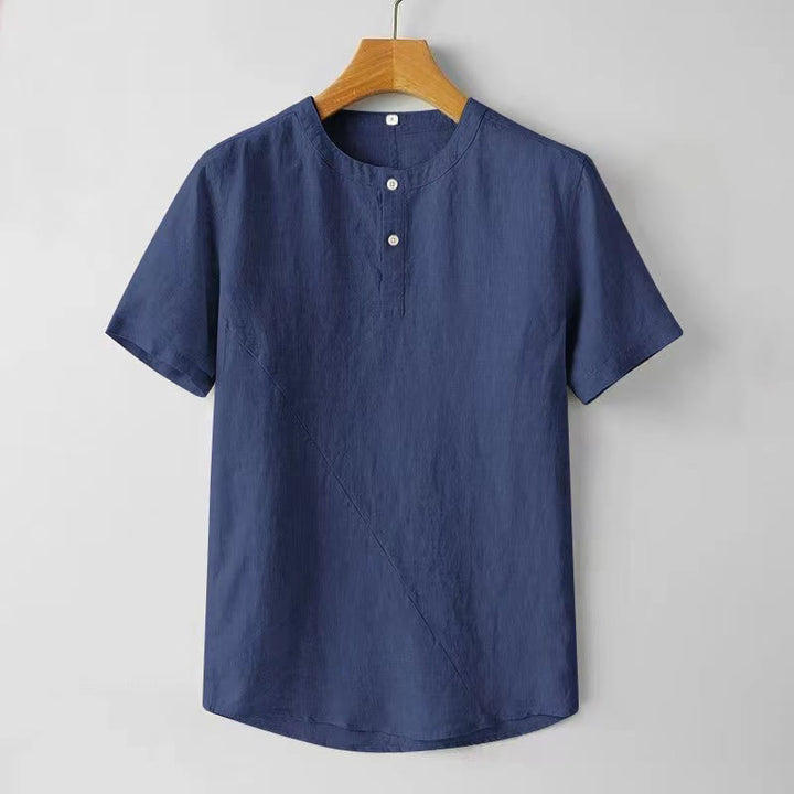 Buddha Stones無地半袖ボタン2つ付きポリエステルリネンメンズシャツ - ダークブルー - US/UK/AU44、 EU54 (4XL) - image 0