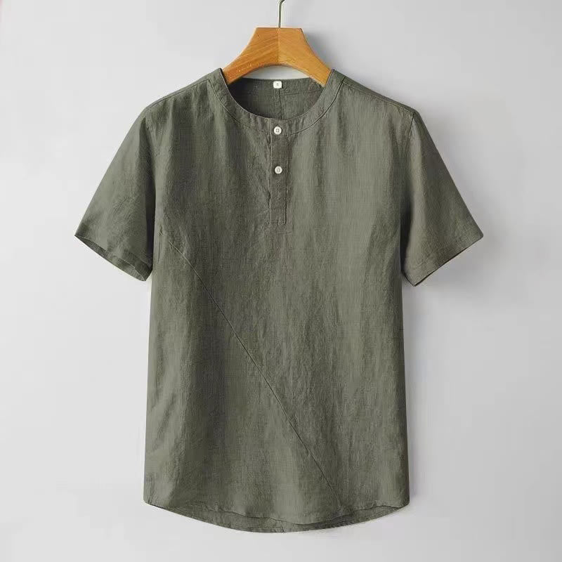 Buddha Stones無地 半袖 2つボタン コットンリネン メンズシャツ - オリーブ - US/UK/AU44、 EU54 (4XL) - image 10