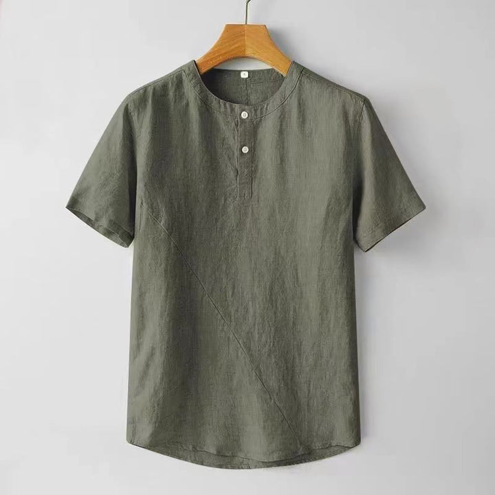 Buddha Stones無地 半袖 2つボタン コットンリネン メンズシャツ - オリーブ - US/UK/AU44、 EU54 (4XL) - image 10