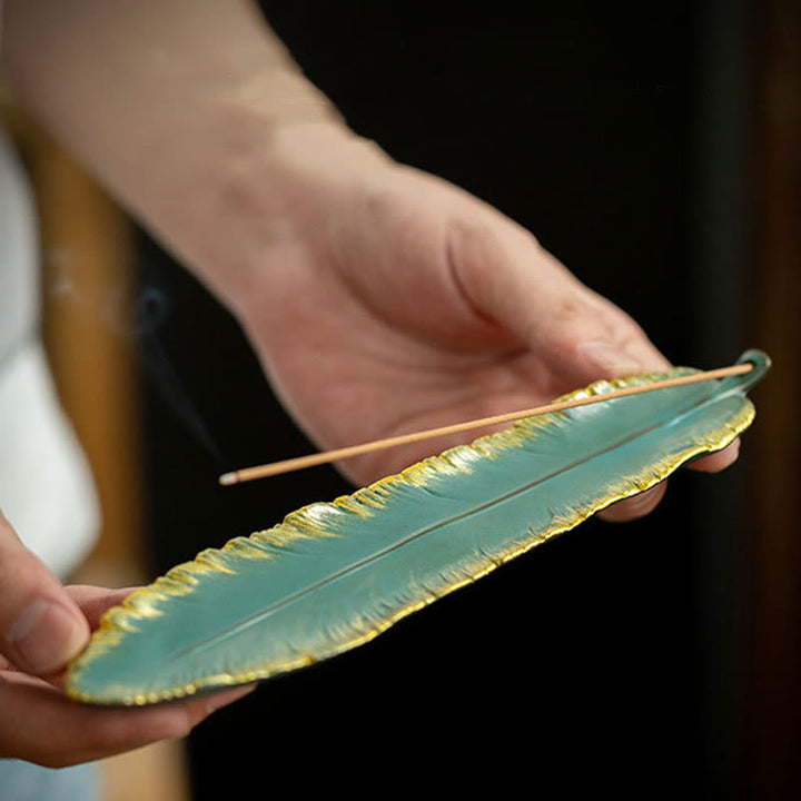 Buddha Stonesグリーンフェザー ゴールドエッジ ヒーリングセラミック香炉装飾 - image 5