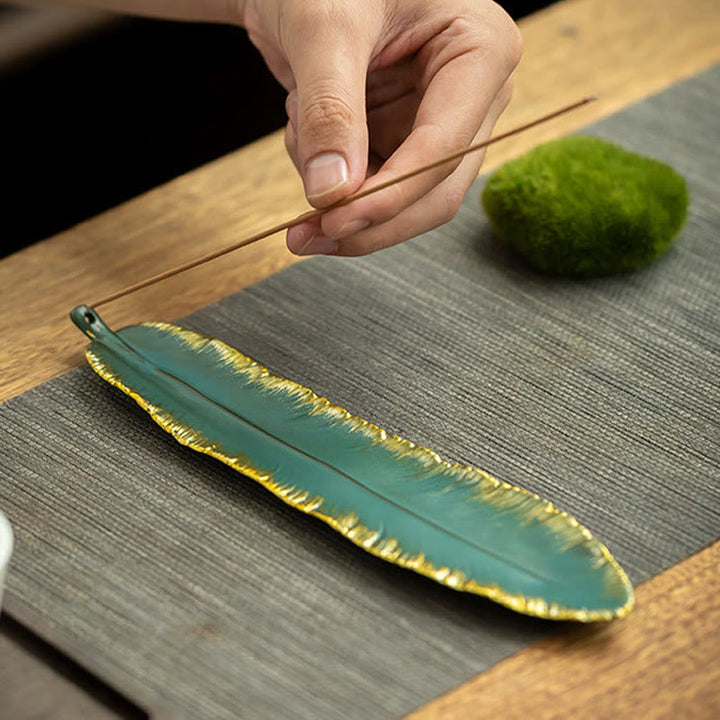 Buddha Stonesグリーンフェザー ゴールドエッジ ヒーリングセラミック香炉装飾 - image 3