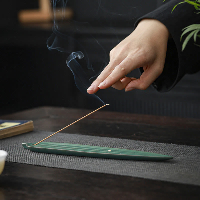 Buddha Stones緑竹の葉 癒し 陶器 香炉 装飾