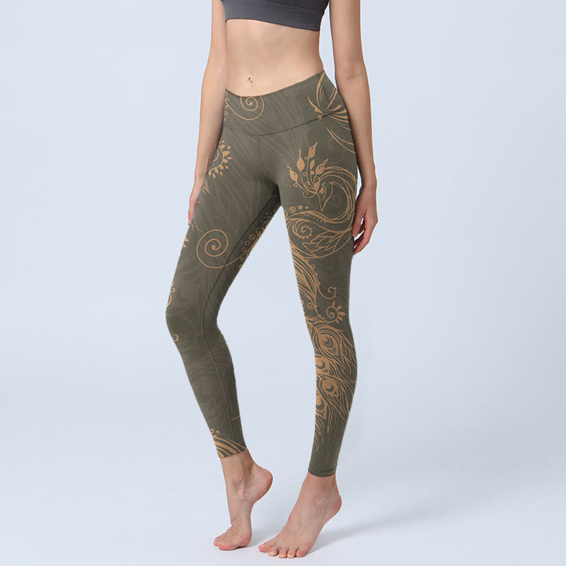 Buddha Stonesピーコックフェザープリント ジムレギンス レディース ヨガパンツ - ダークオリーブグリーン - US18、 UK/AU22、 EU50 (4XL) - image 1