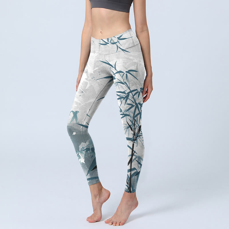 Buddha Stones竹プリント ジムレギンス レディース ヨガパンツ - ホワイトスモーク - US18、 UK/AU22、 EU50 (4XL) - image 1