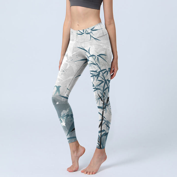 Buddha Stones竹プリント ジムレギンス レディース ヨガパンツ - ホワイトスモーク - US18、 UK/AU22、 EU50 (4XL) - image 1