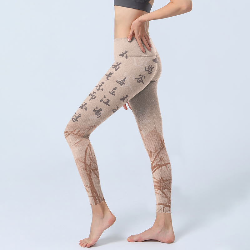 Buddha Stonesのカリグラフィーオーキッドプリントジムレギンスレディースヨガパンツ - image 3