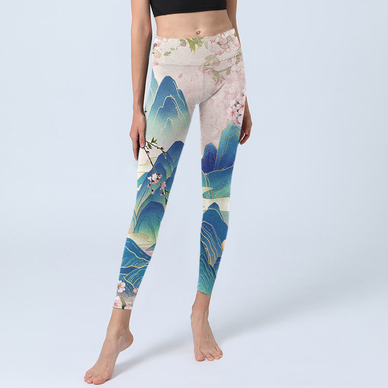 Buddha Stones、梅の花、山々のプリントジムレギンスレディースヨガパンツ - image 6